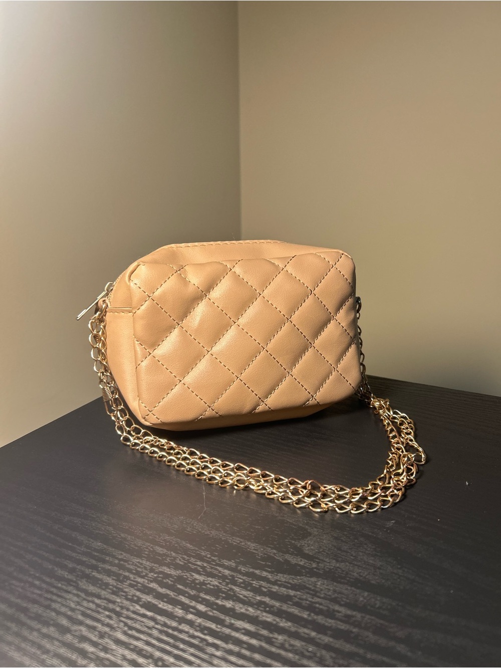 Quilted Crossbody Bag in Tan with Gold Chain